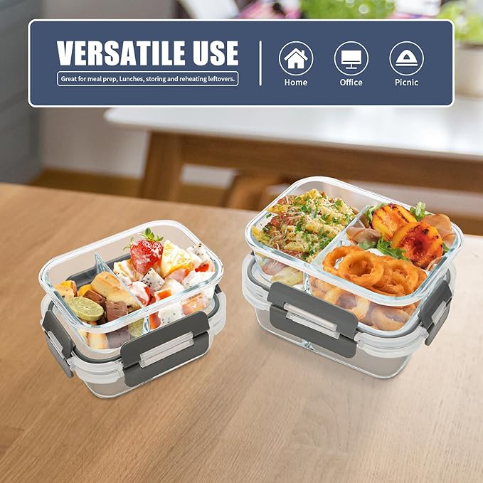 2 & 3 Compartment Meal Prep Containers - Glass Food Storage Lunch Containers with Lids, Bento Box, Portion Control, Freezer to Microwave Safe-FlexoryFit