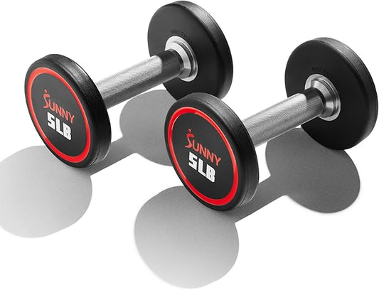 Sunny Health & Fitness Premium Polyurethane Commercial Grade Round Dumbbells with Diamond Knurled Handle, Durable Strength Training Equipment for Home Gym, 5-50LB-FlexoryFit