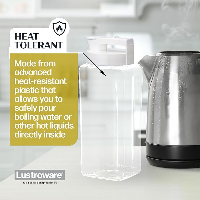 Lustroware SlideServe Slim Airtight Pitcher - 2.1L (70oz), Heat Resistant, BPA-Free SAN Plastic, Space-Saving, Made in Japan - White