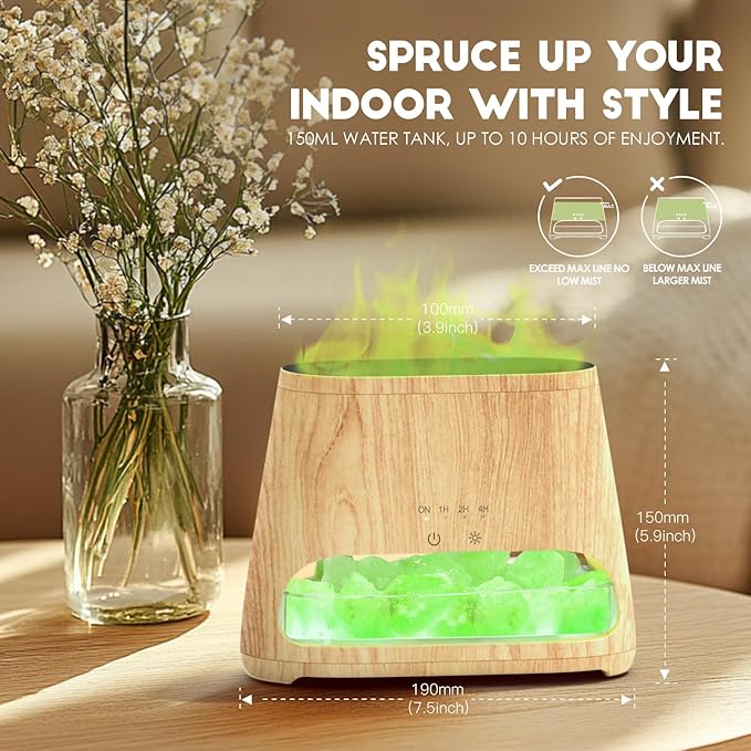 SALKING Colorful Flame Fire Diffuser Humidifier, Himalayan Salt Lamp, 7 Colors Changing Oil Diffuser, Ultra-Quiet Essential Oils Aromatherapy Diffusers for Large Room, Bedroom,150ml (Wooden Grain)