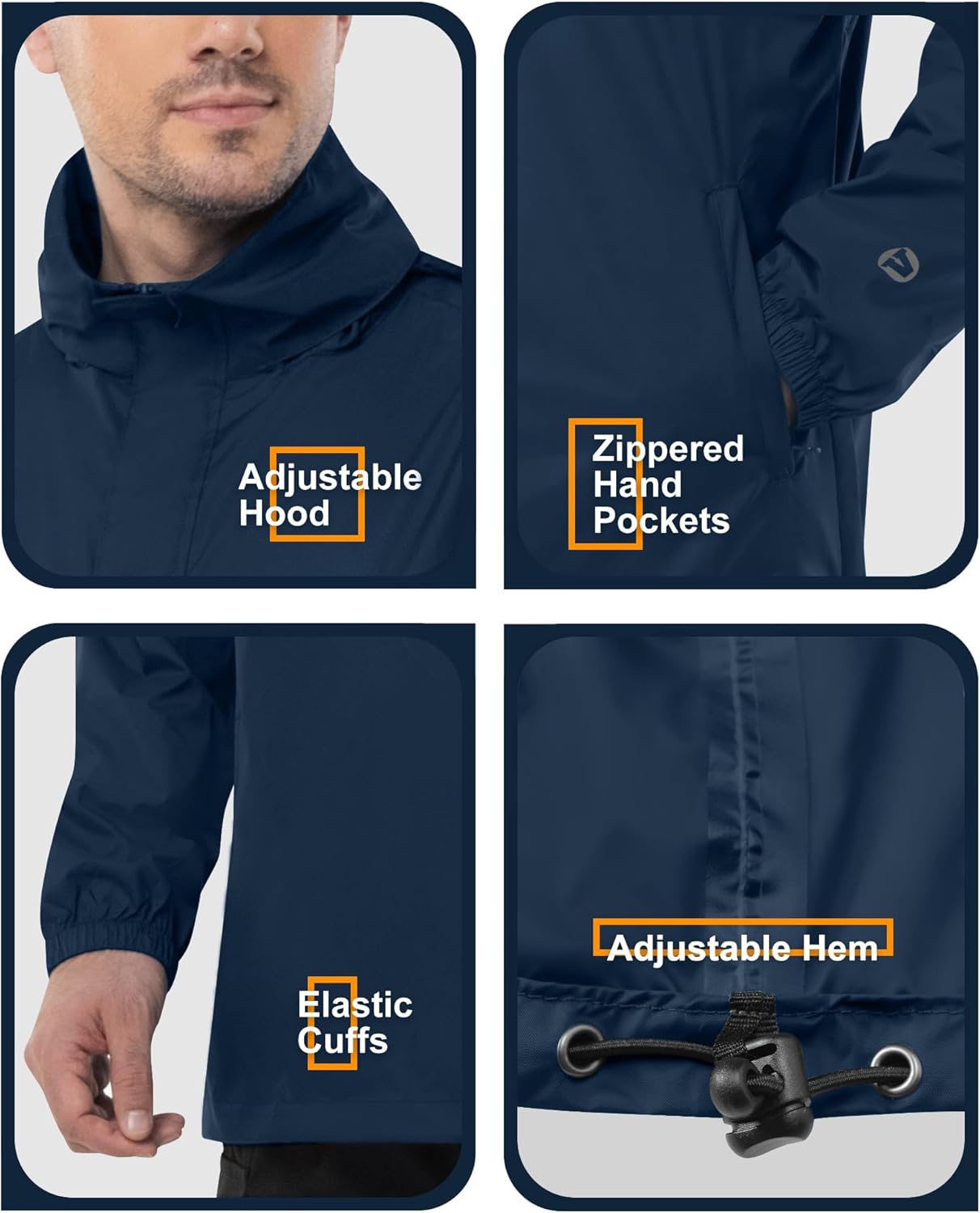 Outdoor Ventures Men's Rain Jacket Waterproof Lightweight Packable Rain Pullover for Hiking Golf Running