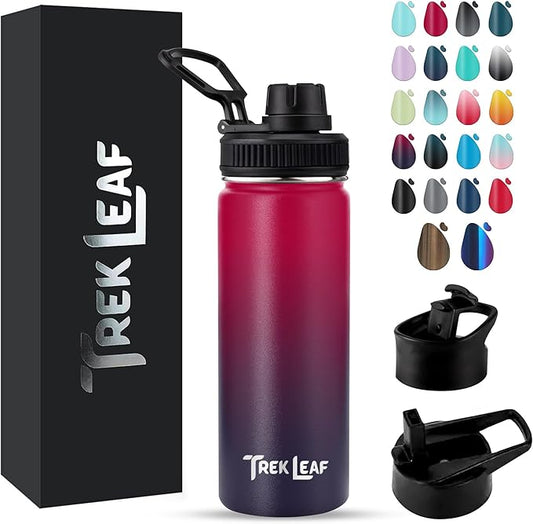 Travel Water Bottle with 3 Lids (Spout, Straw, Flip) Leak Proof, Quality, Vacuum Insulated, Stainless Steel (Mixed Berry, 18 oz)