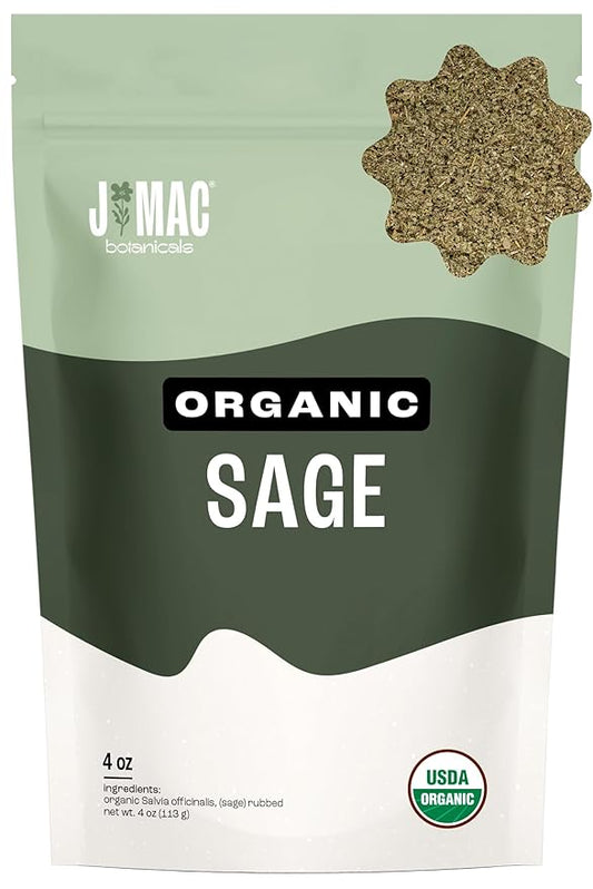 J Mac Botanicals, Organic Rubbed Sage (4 oz), Certified USDA Organic, Dried Rubbed Sage Leaf. Culinary Grade-excellent for sausage making, fresh Albanian harvest-FlexoryFit