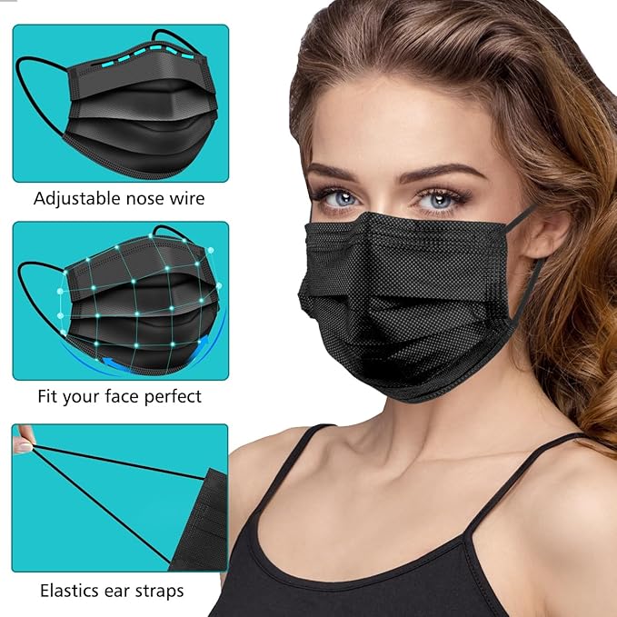 100 PCS Disposable Face Masks, Black Disposable Masks, 3 Ply Protection Face Masks-FlexoryFit