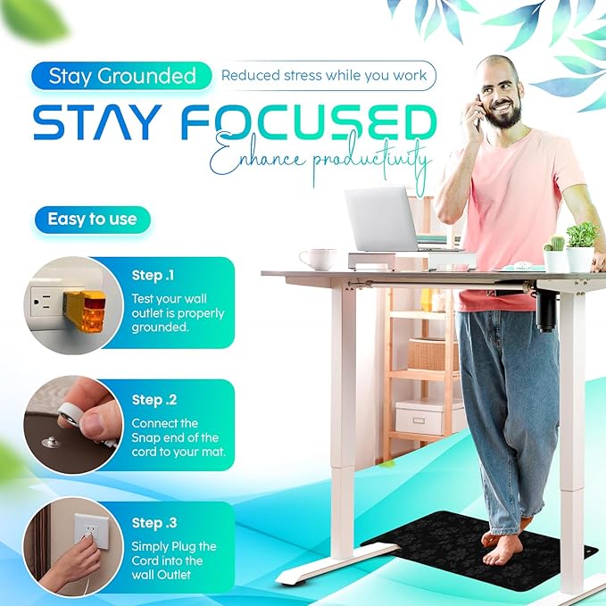 Grounding Mat for Feet, Chair & Yoga | Earthing Grounding Mat for Pain Anxiety Pain Relief, Inflammation | Spacious Grounding Pads for Sleep & Wellness | Includes Grounding Tester, Cable & Mat Tester-FlexoryFit