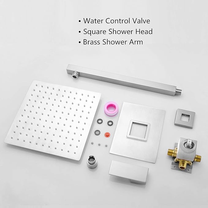 Lordear 16 Inch Shower Head Rainfall Solid Square Ultra Thin 304 Stainless Steel Brushed Nickel Adjustable Rain Shower Heads