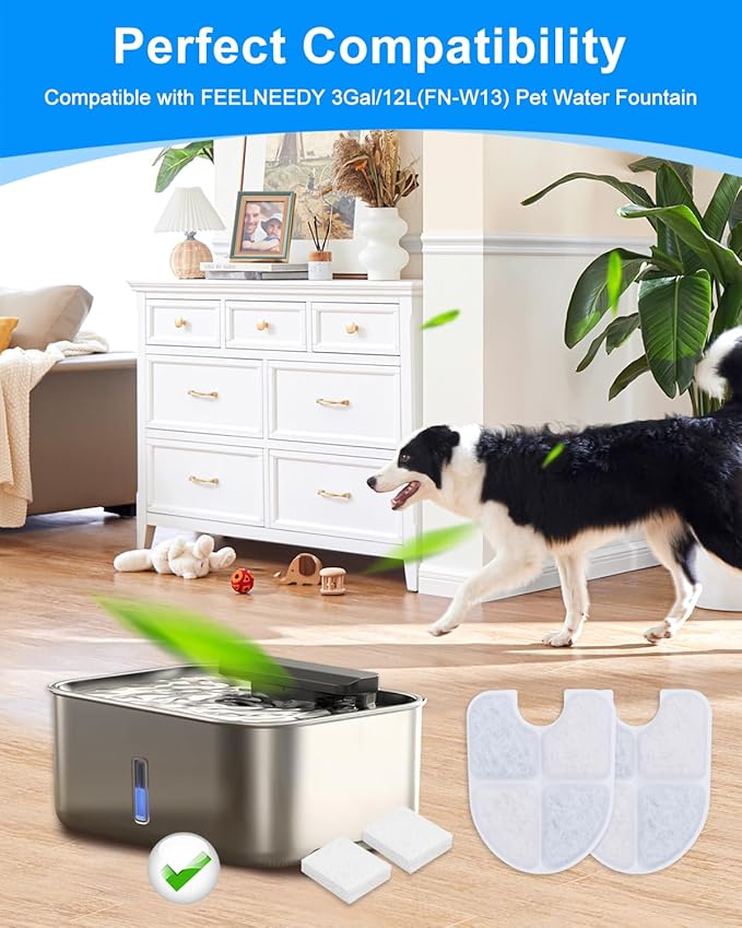 8+8 Pack Dog Water Fountain Filters Replacement Compatible with FEELNEEDY 3Gal/12L Dog Water Dispenser, Carbon Filter & Sponge Pump Filter Set for Pet Fountain Bowl