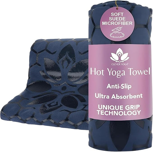 Clever Yoga Non-Slip Hot Yoga Towel – Non-Slip Grip for Hot Yoga, Sweat Absorbent, Honeycomb Silicone Grip, Stays Flat – Ideal for Pilates, Travel, Washable & Lightweight - Dark Blue-FlexoryFit