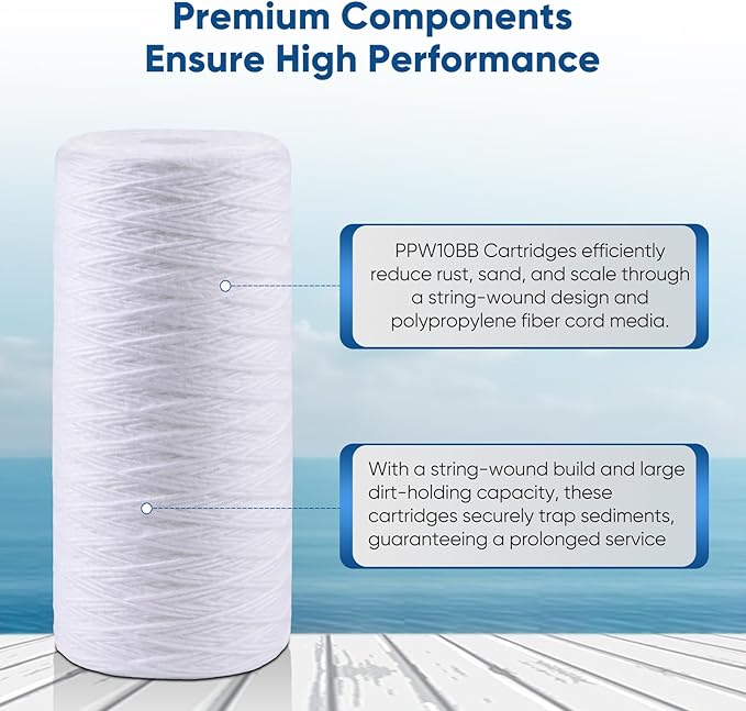 PUREPLUS 5 Micron 10 x 4.5 Whole House String Wound Sediment Filter for Well Water, Replacement Cartridge for 84637, WPX5BB97P, PC10, 355214-45, 355215-45, WP10BB97P, WP5BB97P, 4Pack