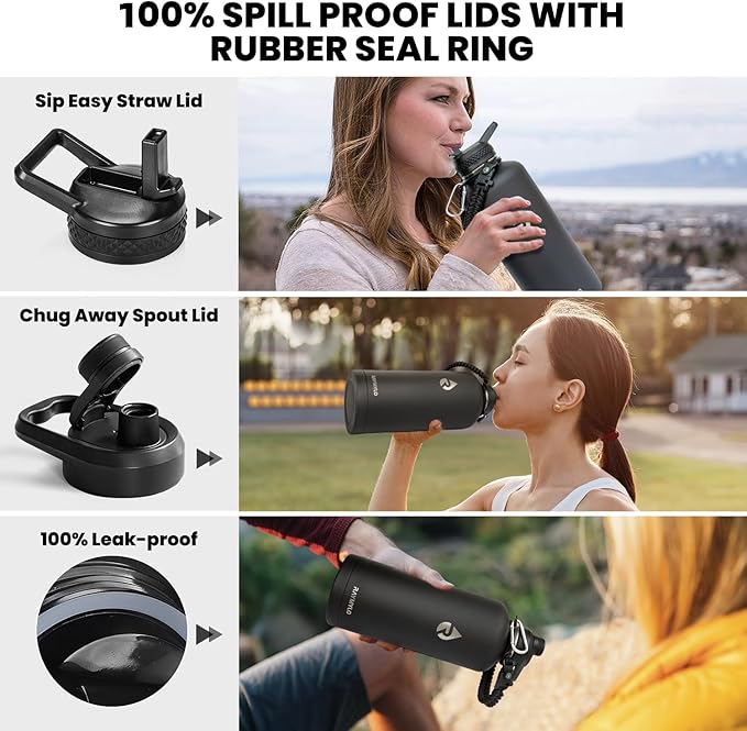 Insulated Water Bottle 87 oz, Triple Wall Vacuum Stainless Steel (Cold for 48 Hrs), Leak Proof & Non-BPA, Modern Water Flask Jug with Paracord Handle & Straw Spout Lids, Magic Black-FlexoryFit