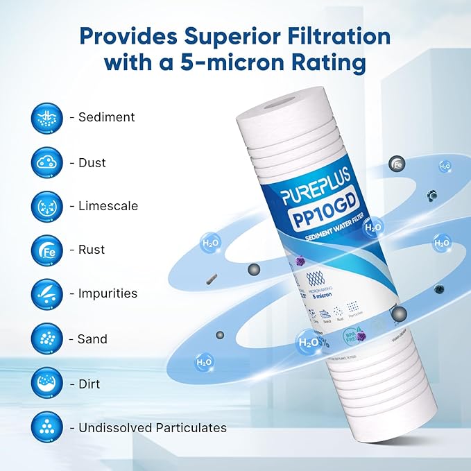 PUREPLUS 5 Micron 10" x 2.5" Whole House Sediment Home Water Filter, Grooved Sediment Replacement Cartridge for Any 10 inch RO Unit,AO-WH-PREV-R2, Aqua-Pure AP110, Aquaboon AB-SGR5M, GE GXWH20S, 3Pack