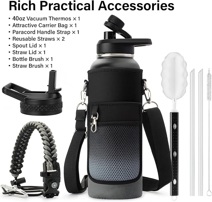 Insulated Water Bottle | Thickened Stainless Steel Vacuum Metal | Portable Sports Water Jug for Gym and Hiking with Straw, Carrier Bag, Handle Strap | BPA-Free 40 oz-FlexoryFit