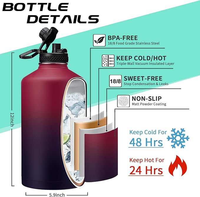 1 Gallon Insulated Water Jug - with Paracord Handle, Straw & Chug Lid, Water Bottles Holder with Strap, 128oz Stainless Steel Large Water Bottle, Keep Hot 12H & Cold 48 for Travel Hiking Camping Work-FlexoryFit