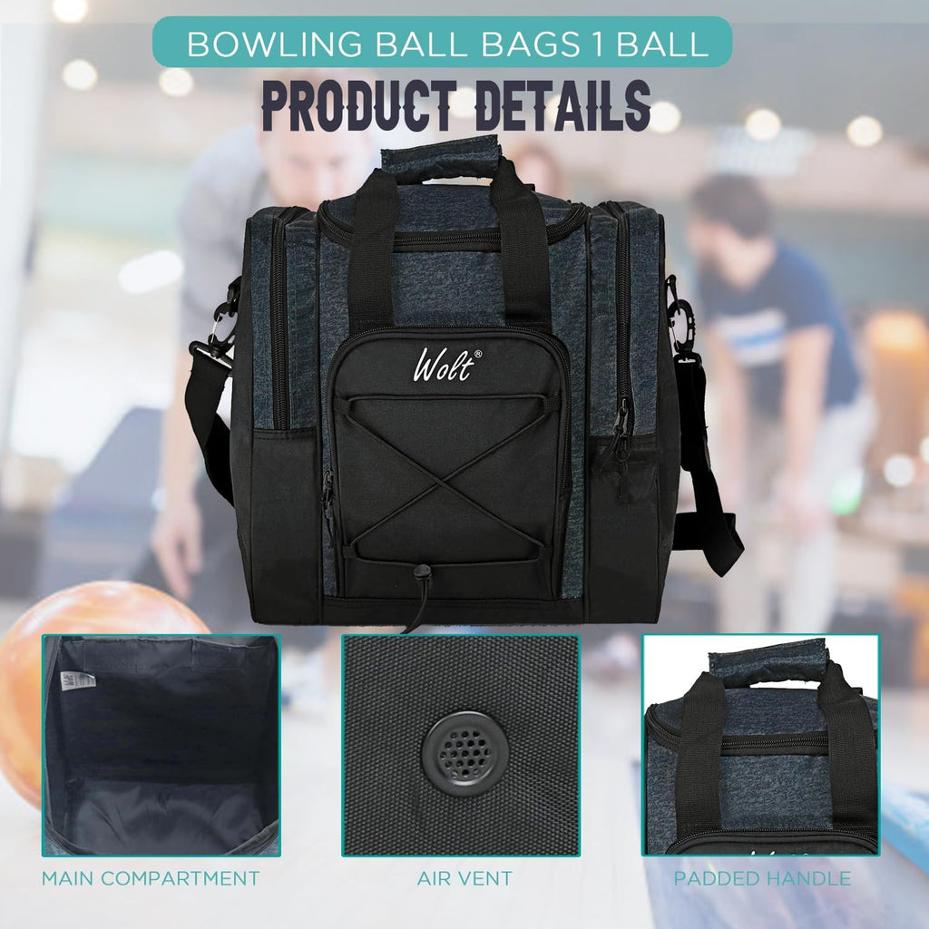 WOLT Bowling Ball Bag for Single Ball - Bowling Ball Tote Bag with Padded Ball Holder, 2 Pockets fit Bowling Shoes Up to Mens Size 14 and Accessories