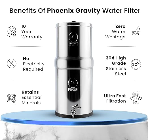 2.25 Gallon Water Filter AISI 304 Stainless Steel Gravity Fed Water Filter System, NSF Certified 2 Smart Carbon Filter Elements, Free Stainless Steel Stand & Water Spigot