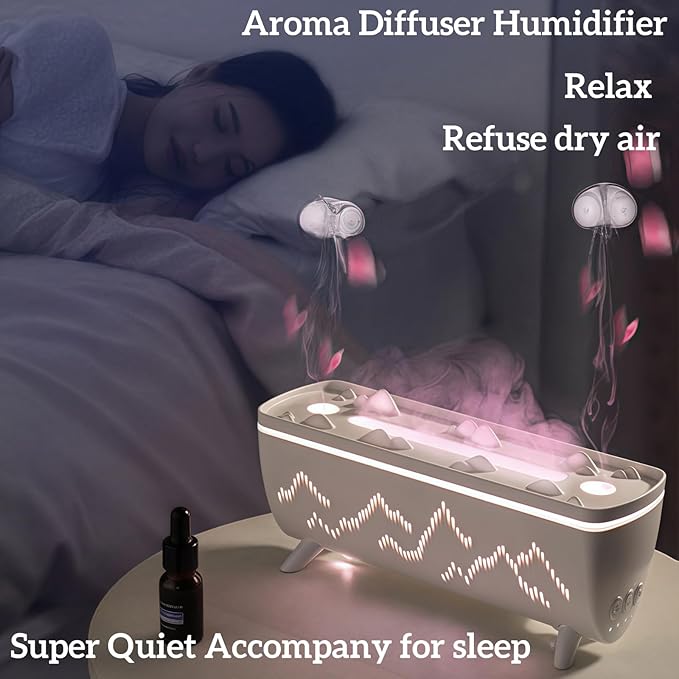 Dual Jellyfish & 3 Colors Flame Essential Oil Diffuser, Mist Humidifier, Aroma Diffuser with Jellyfish Shaped Spray Timing Auto-Off (White)