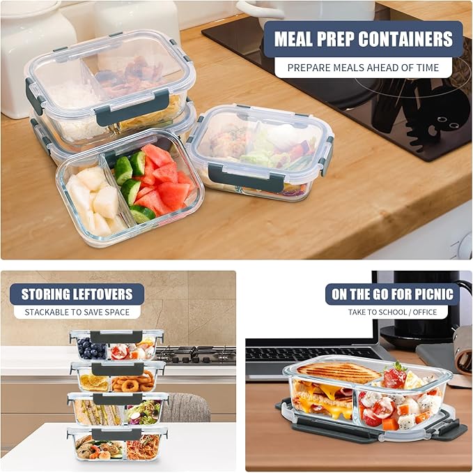 2 & 3 Compartment Meal Prep Containers - Glass Food Storage Lunch Containers with Lids, Bento Box, Portion Control, Freezer to Microwave Safe-FlexoryFit