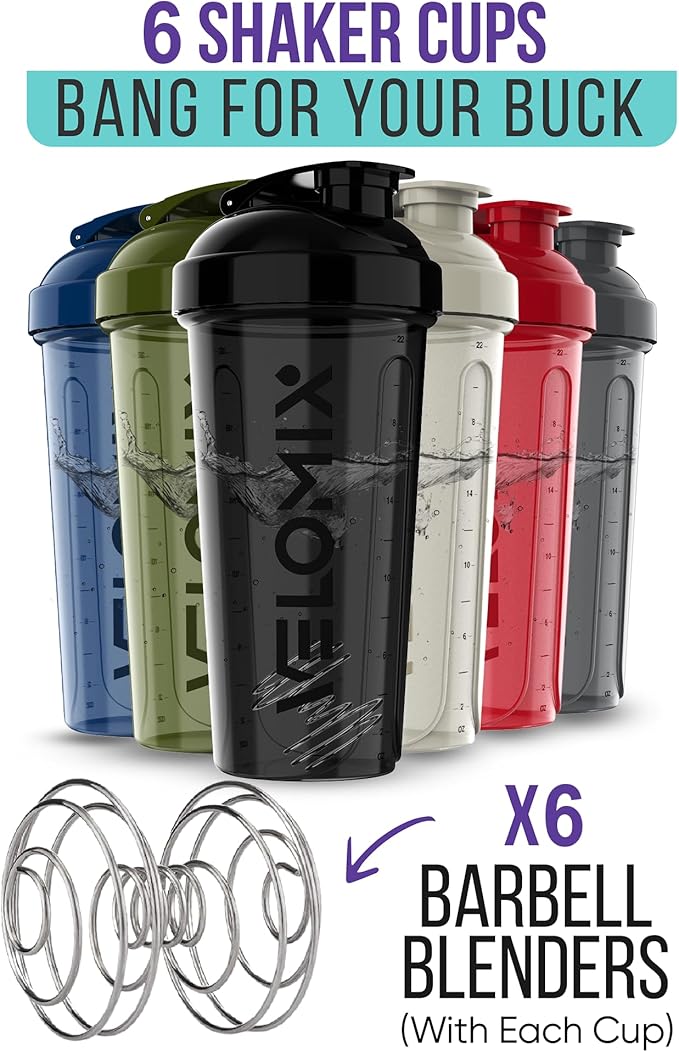 '-6 PACK- Shaker Cups for Protein Shakes 28 oz - 6x Wire Whisk | Leak Proof Protein Shaker Bottle for Protein Shakes, Shaker Bottle Pack for Pre & Post Workout (Stealth Edition)-FlexoryFit