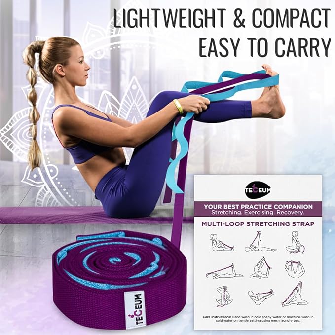 TECEUM Stretching Strap for Yoga & Physical Therapy – 10 Loops – Non-Elastic Leg Stretch Straps for Stretching, Exercising, Pilates, Post-Injury Rehabilitation for All Levels – Men & Women-FlexoryFit