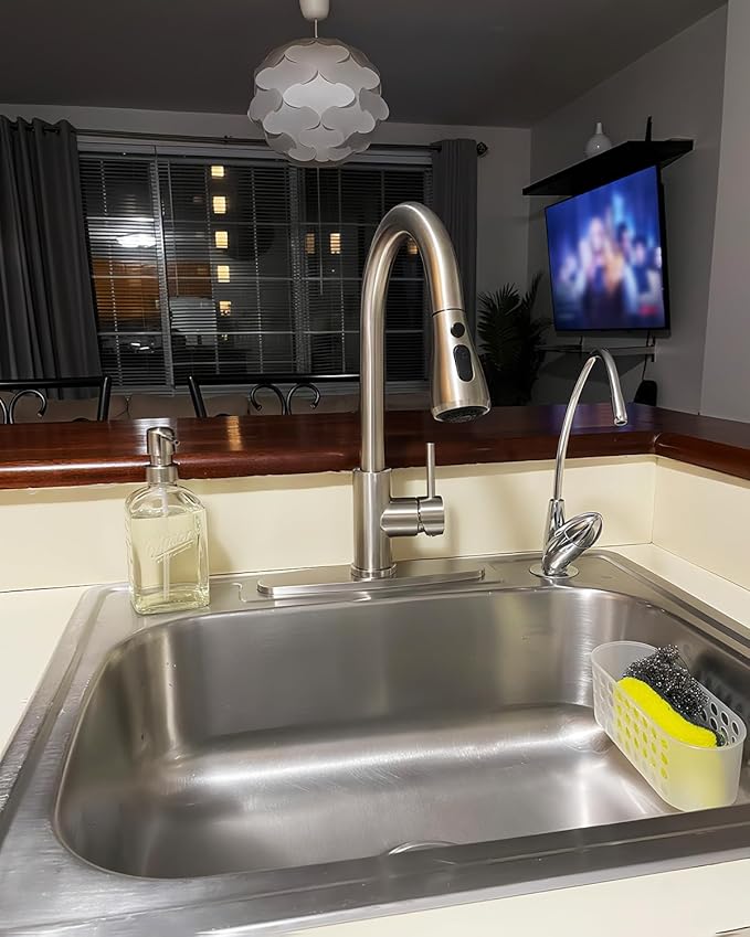 Kitchen Sink Faucet with Pull Down Sprayer with Deck Plate, Brushed Nickel High ArcFaucet, Stainless Steel Modern RV Bar Sink Faucets for Pot Filler, Farmhouse Camper Bar Laundry Room