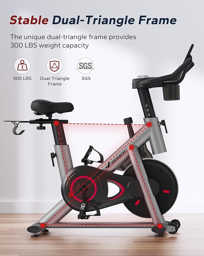 MERACH Exercise Bike, Brake Pad Stationary Bike with Exclusive App, Low Noise Indoor Cycling Bike with 300lbs Weight Capacity, Tablet Mount and Fitness Courses for Weight Loss-FlexoryFit