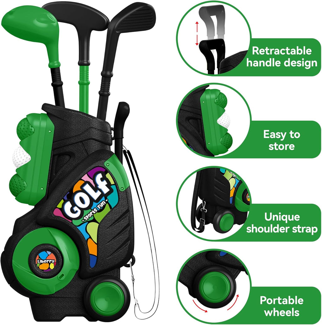 Liberry Toddler Golf Set with Putting Mat for Boys Girls Age 2 3 4 5, Upgraded Kids Golf Cart with Shoulder Strap Design, Outdoor Indoor Sports Toys for Birthday, Black