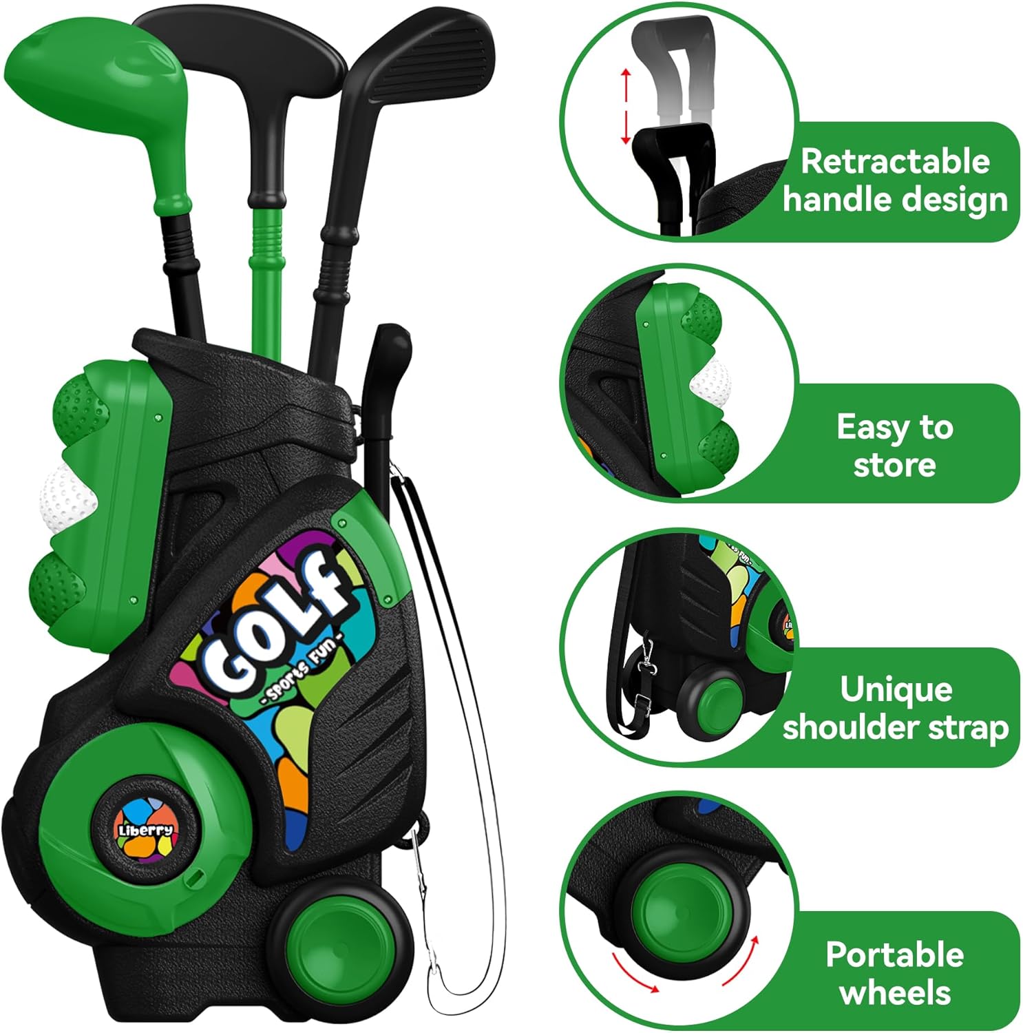 Liberry Toddler Golf Set with Putting Mat for Boys Girls Age 2 3 4 5, Upgraded Kids Golf Cart with Shoulder Strap Design, Outdoor Indoor Sports Toys for Birthday, Black