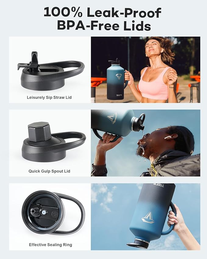 128 oz Stainless Steel Water Bottle with Handle and Carry Pouch, One Gallon Insulated Mug Tumbler with Straw Lid Spout Lid,Reusable Metal Water Bottle Jug Flask Cup,Keep Cold & Hot,Indigo Black-FlexoryFit