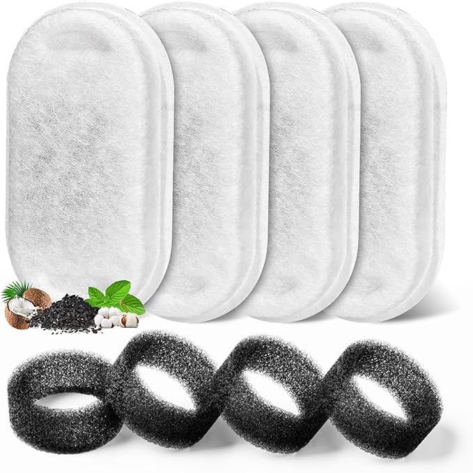 Cat Water Fountain Filter, Filters Replacement for 108Oz/3.2L&67Oz/2L&135Oz/4L Stainless Steel Pet Water Drinking Fountain, Dog Indoor Water Dispenser Fountain Carbon Filter (4 Filters & 4 Sponges)