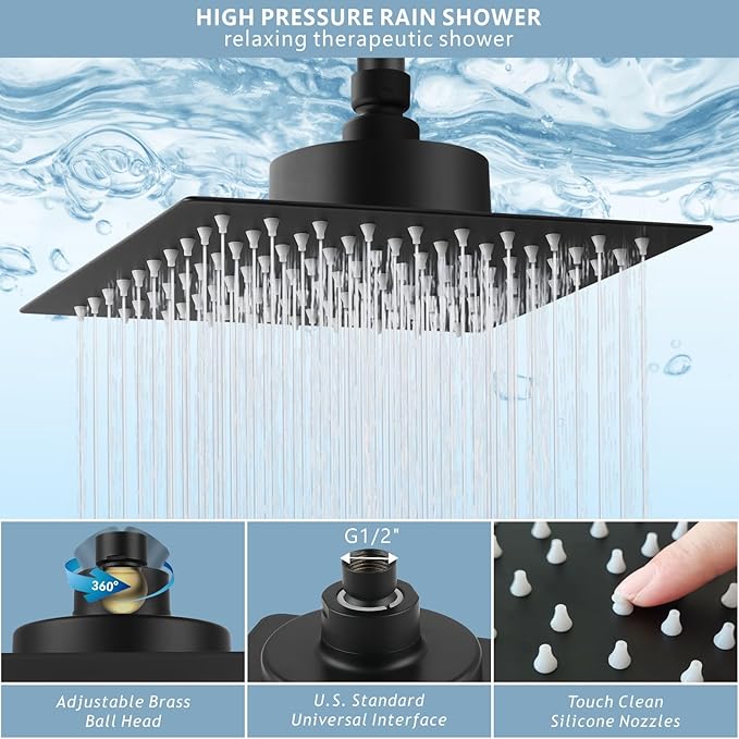 High Pressure Rain Shower Head with Filtered - 8" All Metal Square Showerhead Filter for Remove Chlorine and Harmful Substances, Matte Black