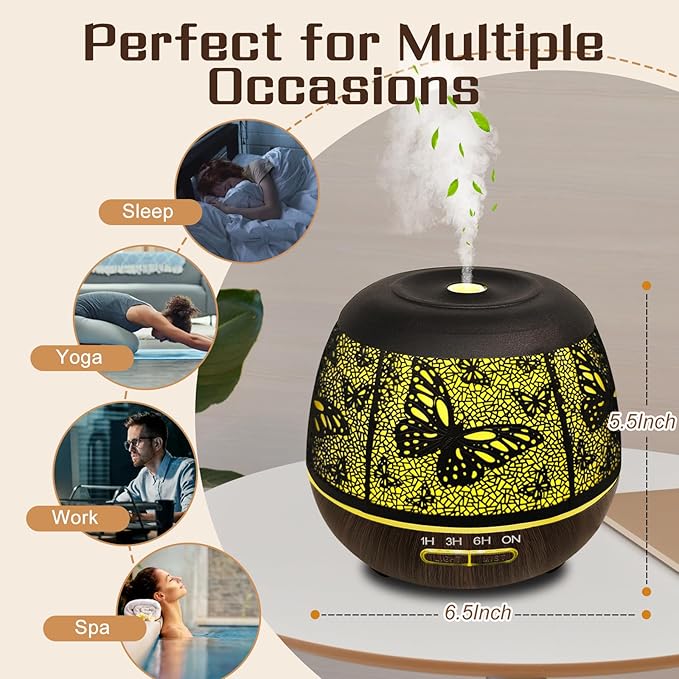 Essential Oil Diffuser for Bedroom 400ml,Diffusers for Home with R/C,Cool Mist Humidifier Large Room,Ultrasonic Scent Diffuser Waterless Auto Off,7 Colors Light & 3 Mist Modes for Desk Butterfly