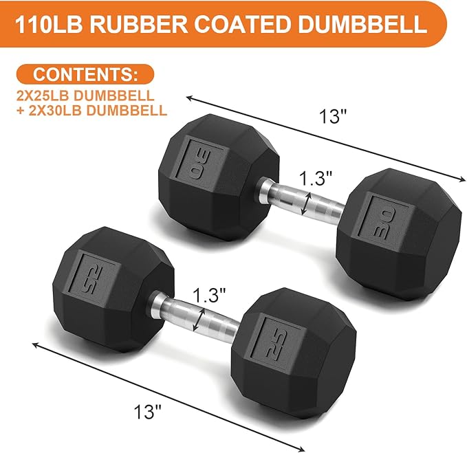 Rubber Coated Hex Dumbbell Weight Set, Multiple Sizes Exercise & Fitness Dumbbells,100LB Set,110LB Set,200LB,350LB,450LB,550LB, 35-50Lbs Pairs for Muscle Toning, Strength Building & Full Body Workout-FlexoryFit
