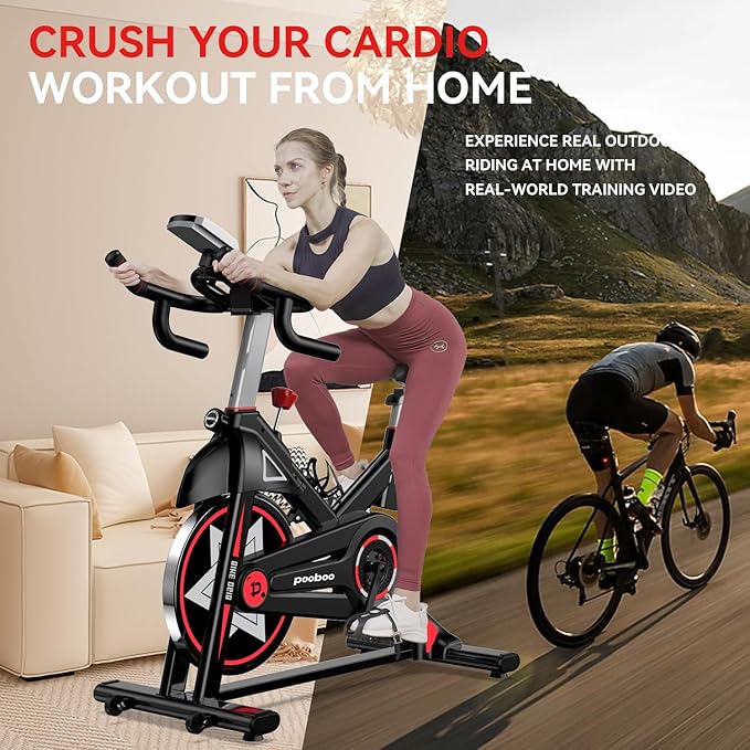 POOBOO Exercise Bike, Stationary Bike for Home Gym, Indoor Cycling Bike w/Comfortable Seat Cushion & Tablet Mount, Silent Belt Drive Indoor Bike for Cardio Workout-FlexoryFit
