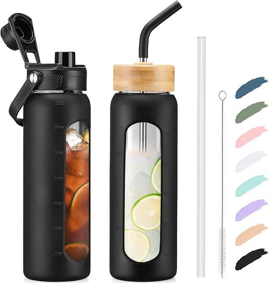 Kodrine Water Bottle with Straw, 24 oz Glass water Bottle with 2 Lids Bamboo Straw Lid and Spout Lid with Handle, 32 oz Clear Water Bottle Glass for Sports Travel, Waterbottle with Time Marker-FlexoryFit