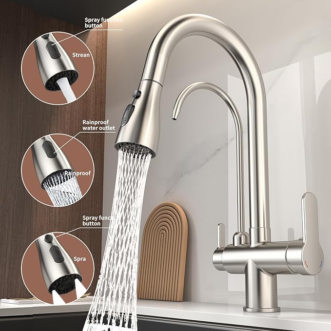 Kitchen Sink Faucet with Pull - Down Sprayer, 2 - Handle 3 - in - 1 Kitchen Sink Filter Faucet, Cold and Hot Mixer Drinking Water Faucet (Brushed Nickel-02)