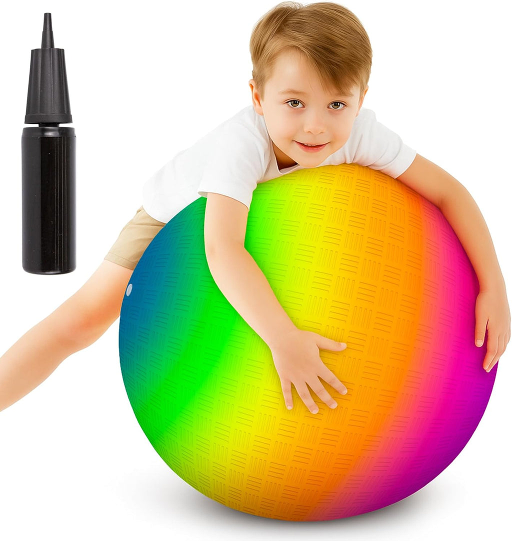 ArtCreativity Rainbow Playground Ball for Kids with Hand Pump, Bouncy 18 Inch Rubber Kick Ball for Backyard, Park & Beach Outdoor Fun, Beautiful Rainbow Colors, Durable Outdoor Toys for Boys & Girls