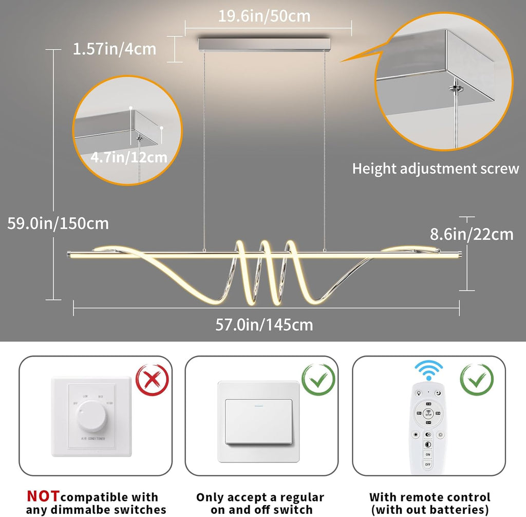 Modern Pendant Light Kitchen Island 57in Dimmable Hanging Lamp 3000k-6000K Adjustable Warm/Nautral/White with Remote Control, Dining Room Light Fixture Chrome Silver