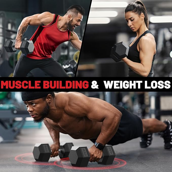 PAPABABE Hex Dumbbell Set 45-550 lb, Rubber Encased Home Gym Dumbbells, Weights Dumbbells for Women & Men, Hand Weight for Strength Training-FlexoryFit