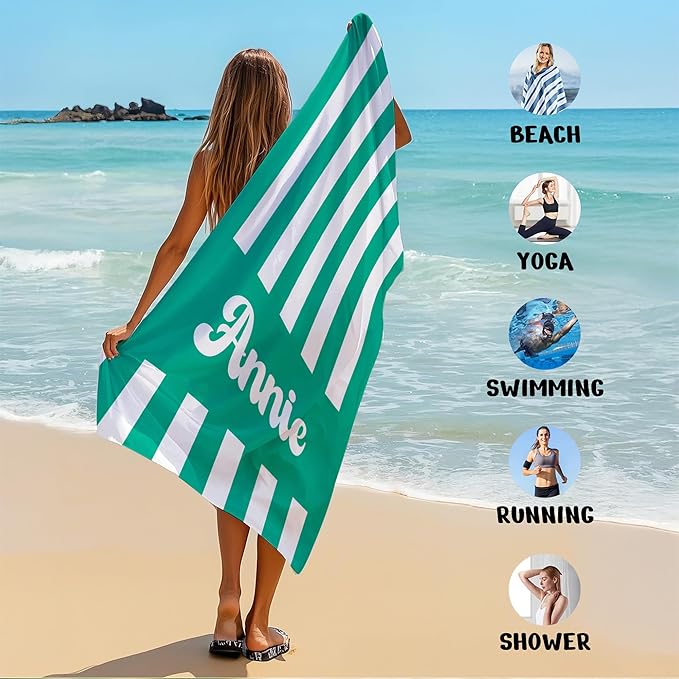 JML Personalized Beach Towel with Name, Custom Cabana Stripe Beach Towel, Customized Microfiber Pool Towel, Quick Dry & Absorbent Swim Towel for Adult,Mother's Day, Birthday, Summer Holiday,Vacation-FlexoryFit