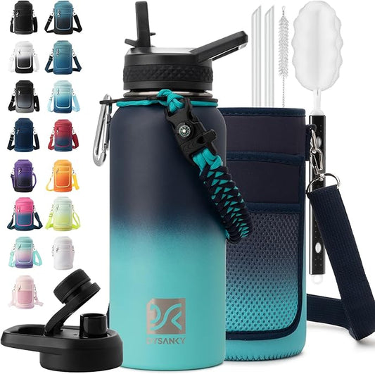 Insulated Water Bottle | Thickened Stainless Steel Vacuum Metal | Portable Sports Water Jug for Gym and Hiking with Straw, Carrier Bag, Handle Strap | BPA-Free 32 oz-FlexoryFit