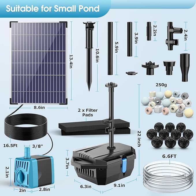 Antfraer Solar Pond Filter with Water Pump 10W, Solar Pond Pump with Water Shortage Protection & 6.6FT PVC Tubing/16.5FT Cord, Pond Filter for Outdoor Small Pond Waterfall Garden Fountain DIY