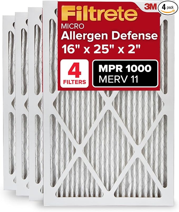 Filtrete 16x25x2 AC Furnace Air Filter, MERV 11, MPR 1000, Allergen Defense, 3-Month Pleated 2-Inch Electrostatic Air Cleaning Filter, 4 Pack (Actual Size 15.5 x 24.5 x 1.75 in)