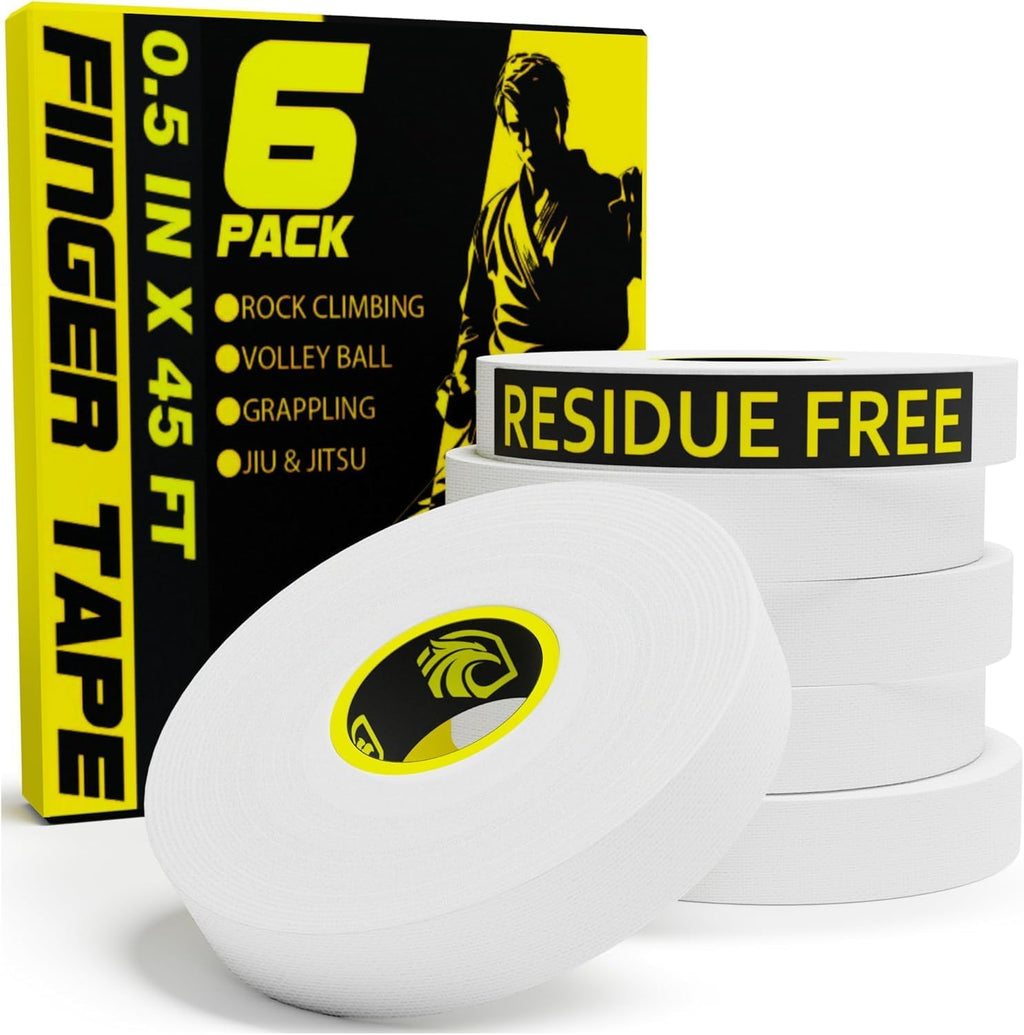 Finger Tape 2 or 6 Pack, Black or White Finger Tape | Residue Free Skin Friendly Strong Athletic Sports Tape | 0.5” x 45 Ft for BJJ Jiu Jitsu Grappling MMA Knob Tape Weight (White, 6 Pack)