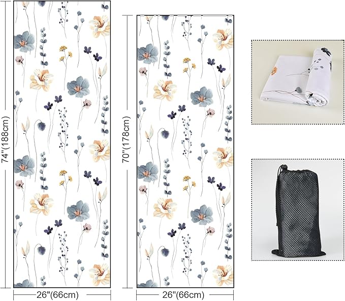 QiyI Floral Yoga Mat Towel with Corner Pockets, Non Slip Sweat Absorbent Hot Yoga Towels, Soft Yoga Blankets with Travel Bag, Mat Cover for Workout, Gym, Fitness - 70"x26", Watercolor Flowers-FlexoryFit