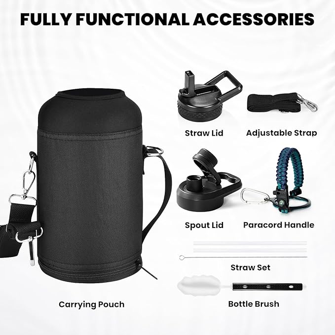 Insulated Water Bottle 64 oz, Triple Wall Vacuum Stainless Steel (Cold for 48 Hrs), Leak Proof & Non-BPA, Half Gallon Water Flask Jug with Paracord Handle & Straw Spout Lids, Cyan Blue-FlexoryFit