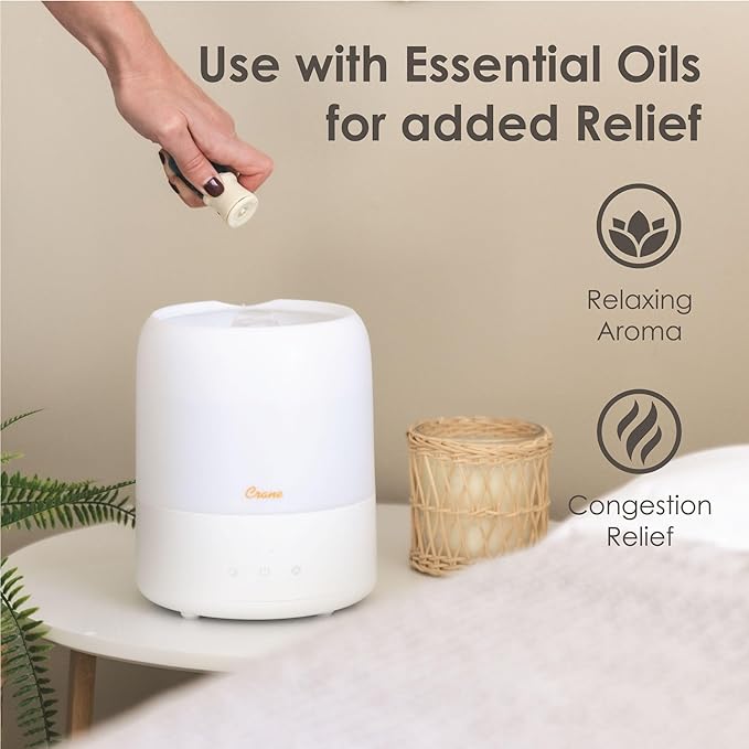 Crane Top Fill Mini Humidifier for Bedroom and Nursery 3-in-1 Essential Oil Diffuser Sleep Light 0.5 Gallon Baby Humidifier