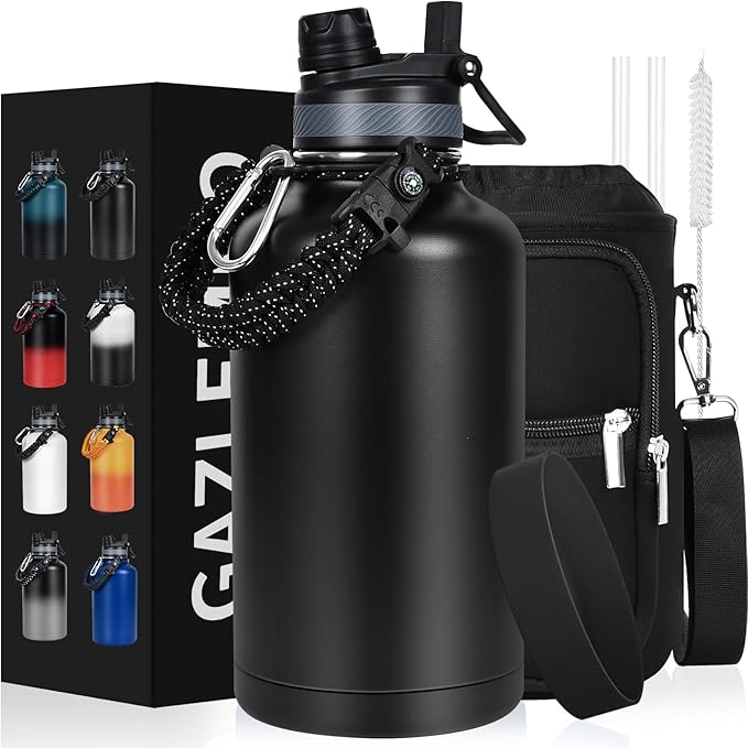 Insulated Water Bottle 64 oz, Half Gallon Water Jug Cold 48H, BPA Free Stainless Steel Bottles with Straw/Chug 2-in-1 Lid, Bag, Paracord Handle, Silicone Boot, Sports Gym School Metal Flask-FlexoryFit