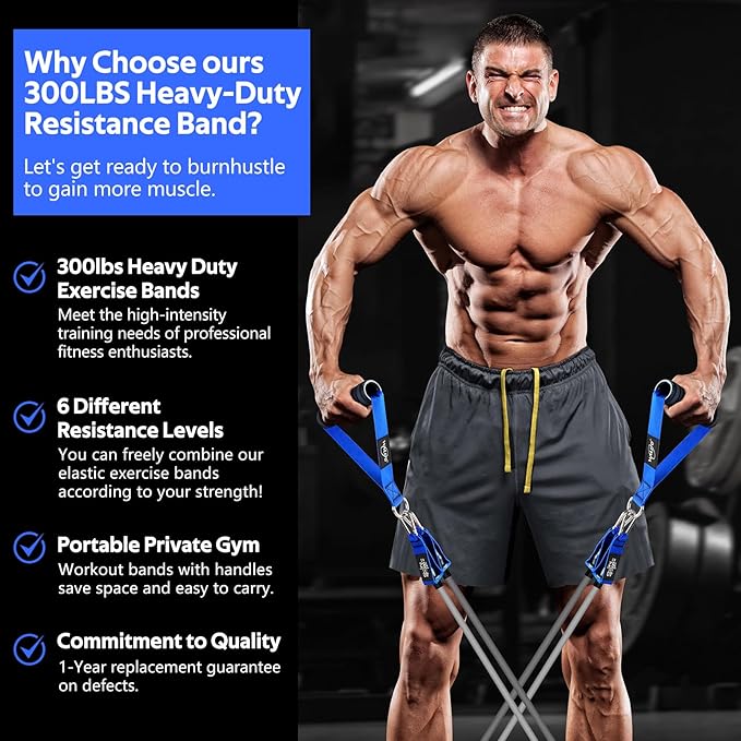 WALITO Resistance Bands Set - Exercise Bands with Handles, Door Anchor, Legs Ankle Straps, for Heavy Resistance Training, Physical Therapy, Muscle Training, Yoga, Home Workouts-FlexoryFit