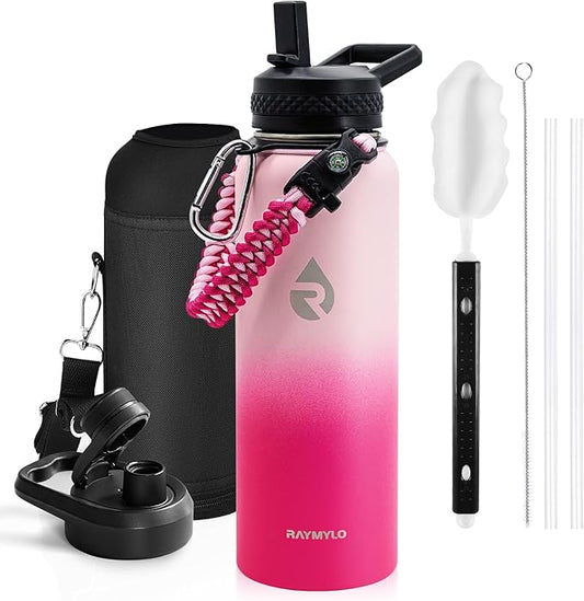 Insulated Water Bottle 40 oz, Triple Wall Vacuum Stainless Steel (Cold for 48 Hrs), Leak Proof & Non-BPA, Modern Water Flask Jug with Paracord Handle & Straw Spout Lids, Ombre Pink-FlexoryFit