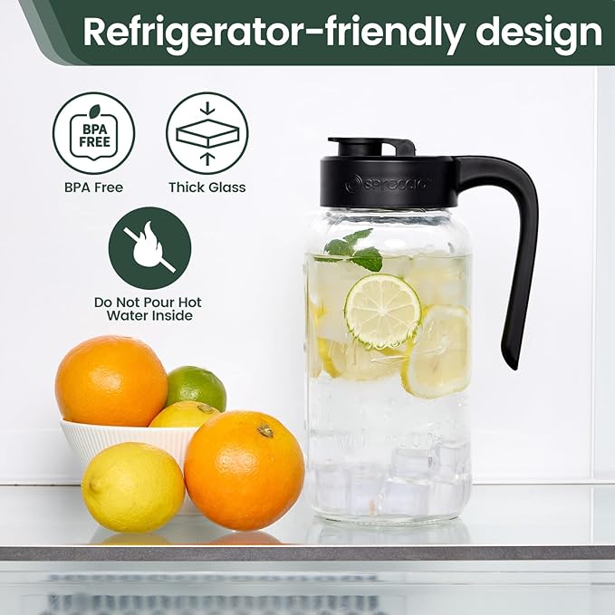 Mason Jar Pitcher - Airtight & Leakproof Glass Pitcher with Lid, Perfect for Breastmilk, Cold Brew, and Sun Tea, 2 Quart (64 oz) 1/2 Gallon Mason Jar with Pour Spout Lid